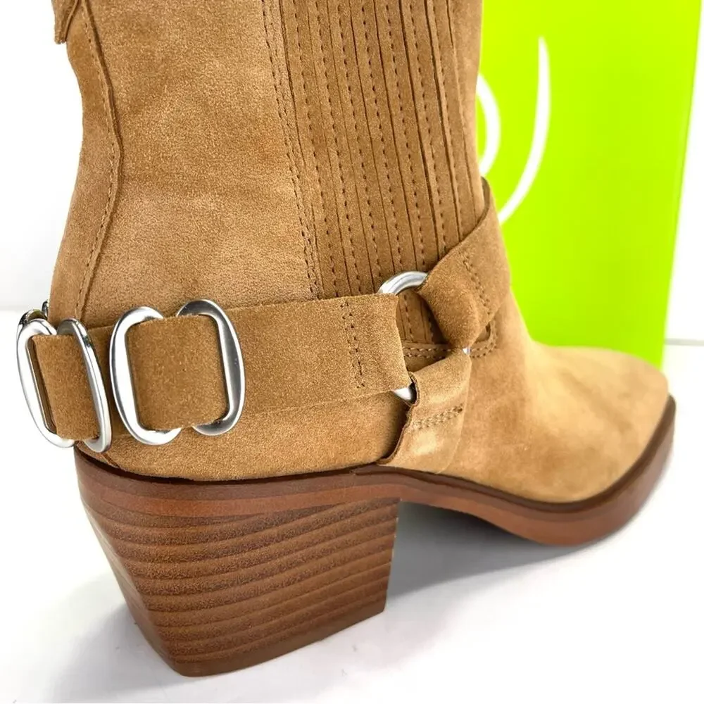 Sam Edelman Bellamie Women Camel/Tan Western Ankle Boot Sz 7.5 Suede Harness New